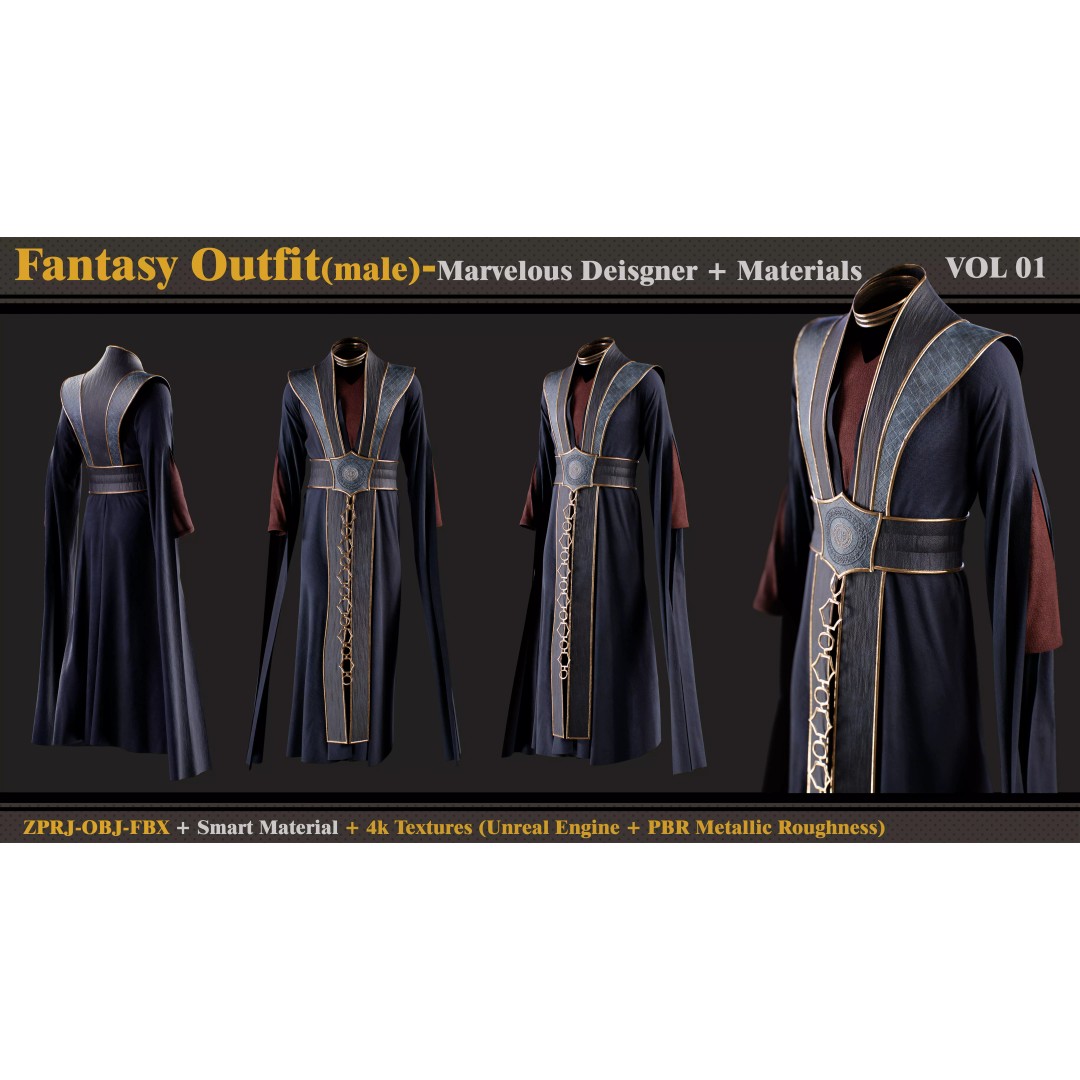 Fantasy Outfit 3D Model – Medieval Costume with Smart Materials, FBX, OBJ - View 2