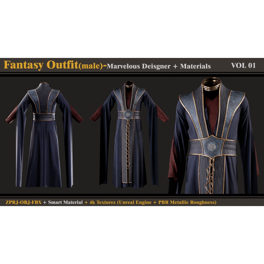Fantasy Outfit 3D Model – Medieval Costume with Smart Materials, FBX, OBJ - View 3