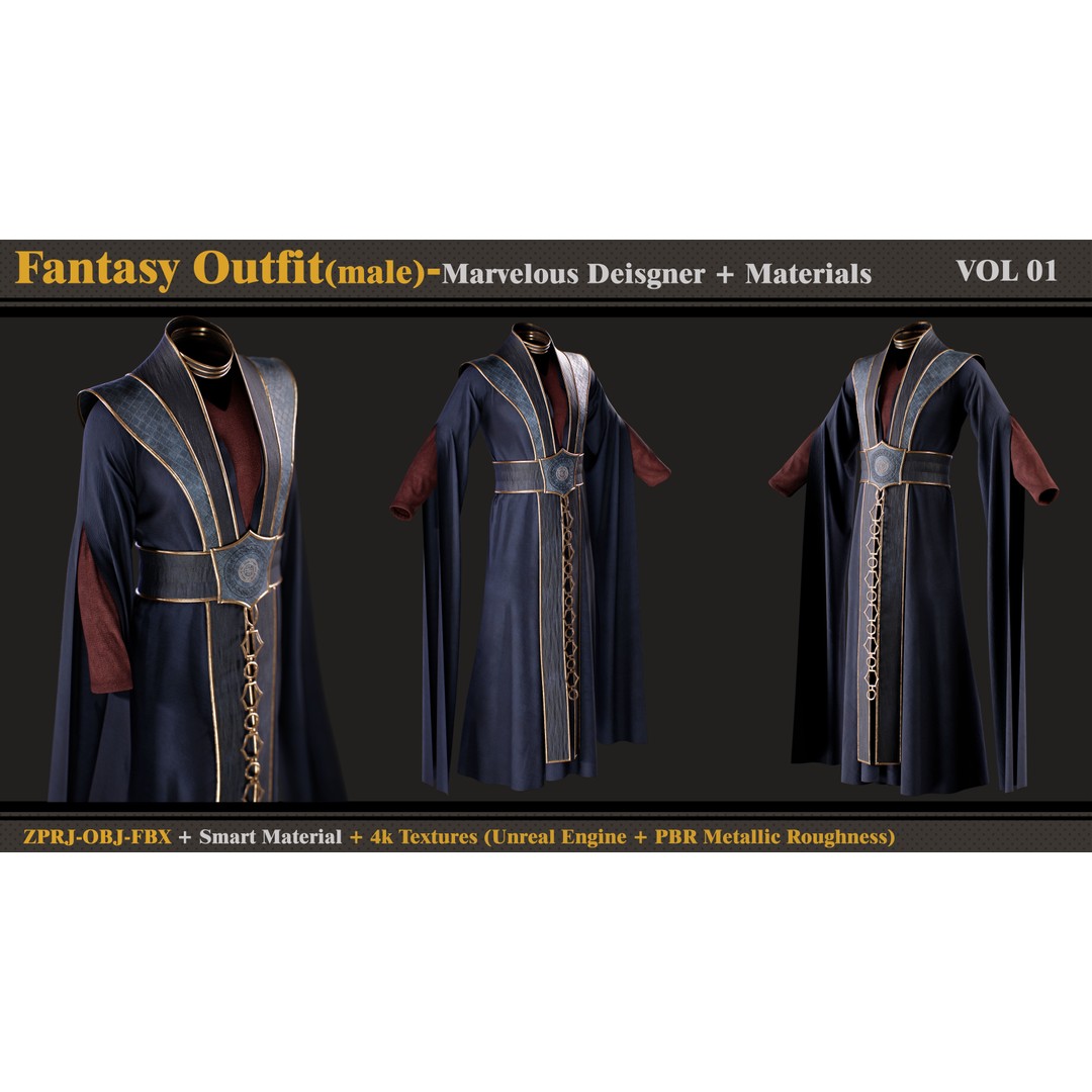 Fantasy Outfit 3D Model – Medieval Costume with Smart Materials, FBX, OBJ - View 4