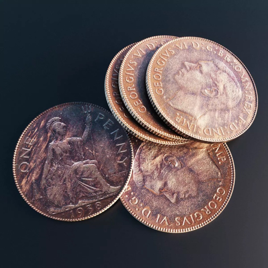 British One Penny Coin 3D Model – Low Poly Scanned Asset, FBX - View 2
