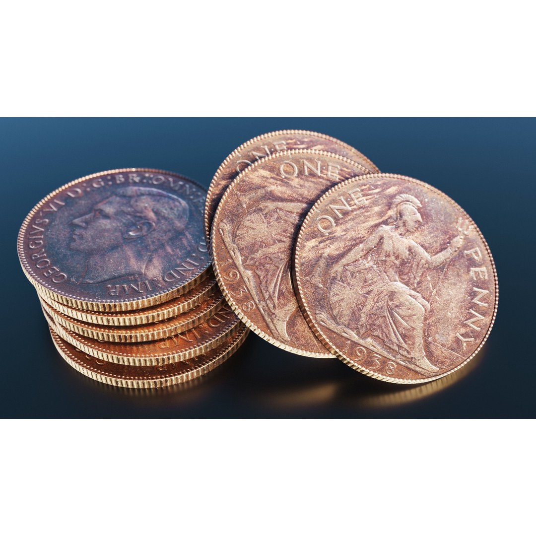 British One Penny Coin 3D Model – Low Poly Scanned Asset, FBX - View 3