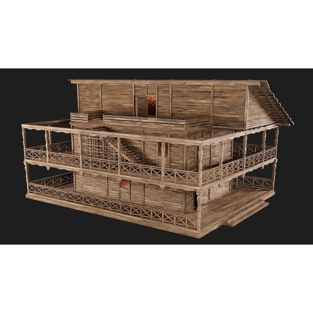 Old Wooden House 3D Model – Game Ready Low Poly, PBR Textures - View 3