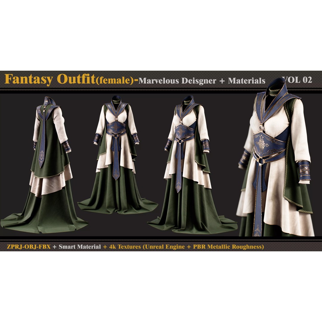 Fantasy Outfit 3D Model – Female Costume with PBR Textures, FBX, OBJ - View 2
