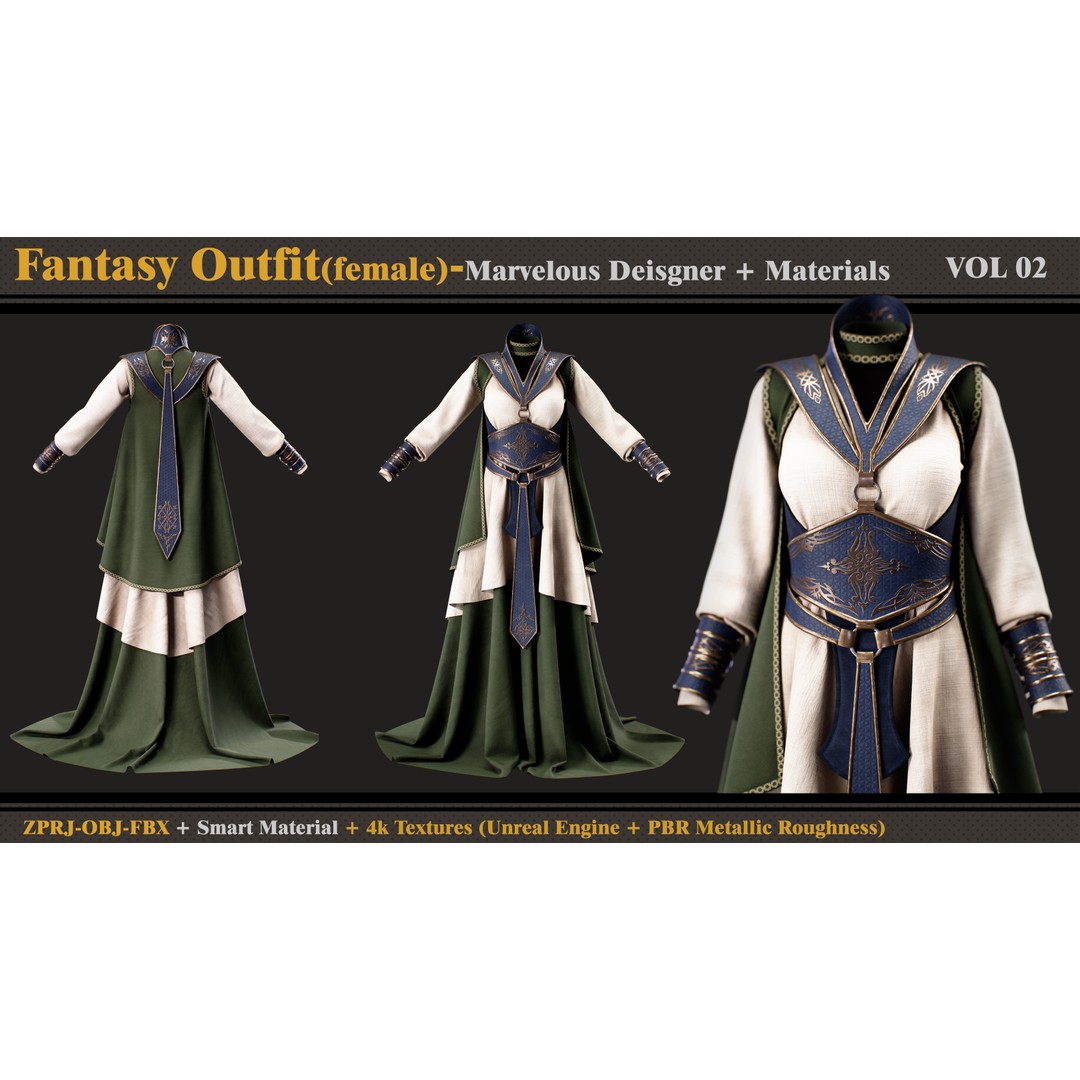 Fantasy Outfit 3D Model – Female Costume with PBR Textures, FBX, OBJ - View 3