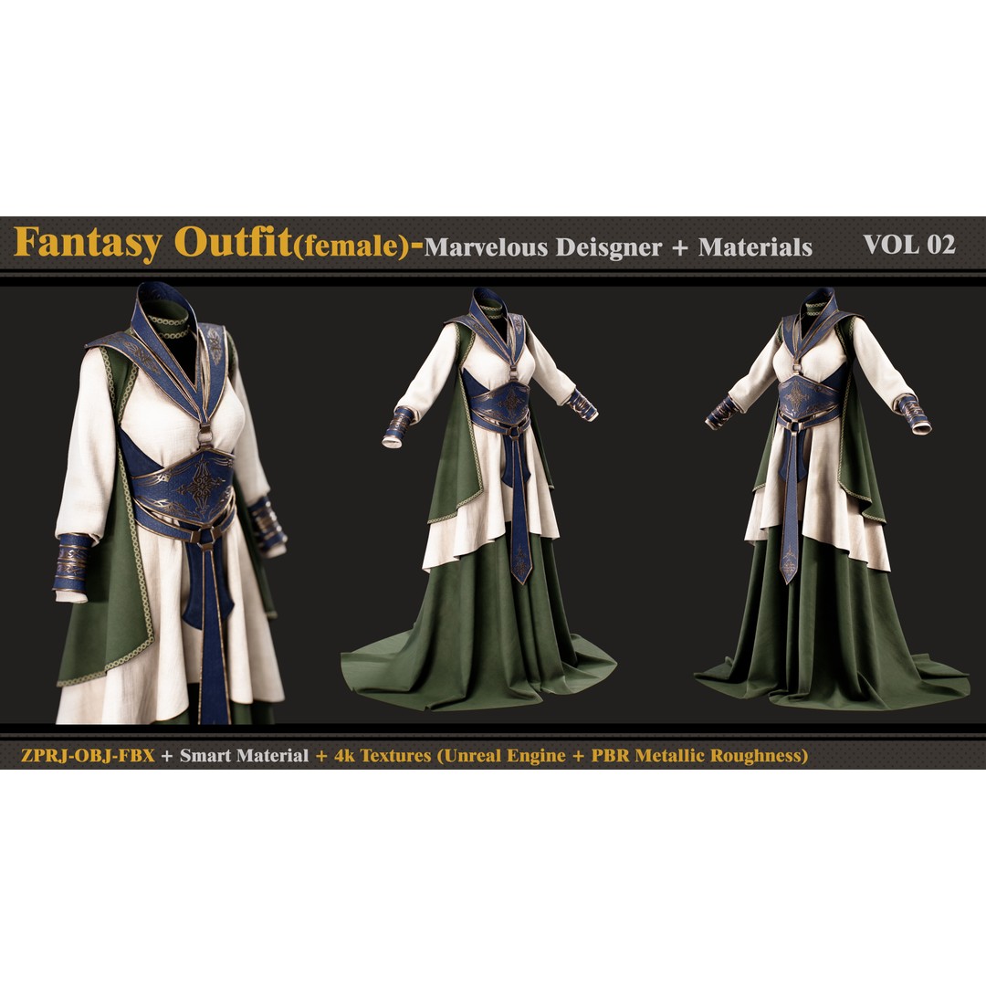 Fantasy Outfit 3D Model – Female Costume with PBR Textures, FBX, OBJ - View 4