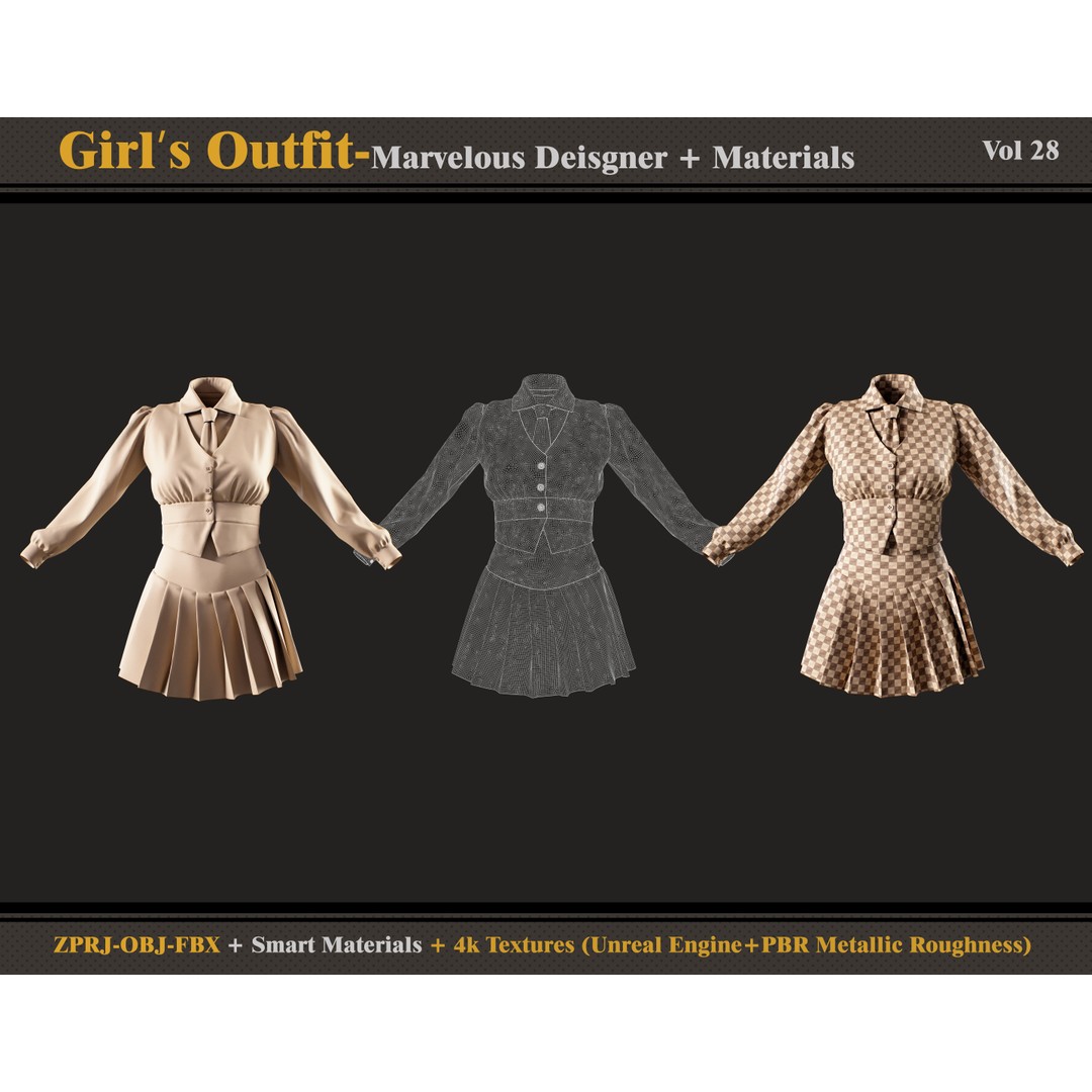 Girls Outfit 3D Model – Fashion Blouse and Skirt, FBX, OBJ