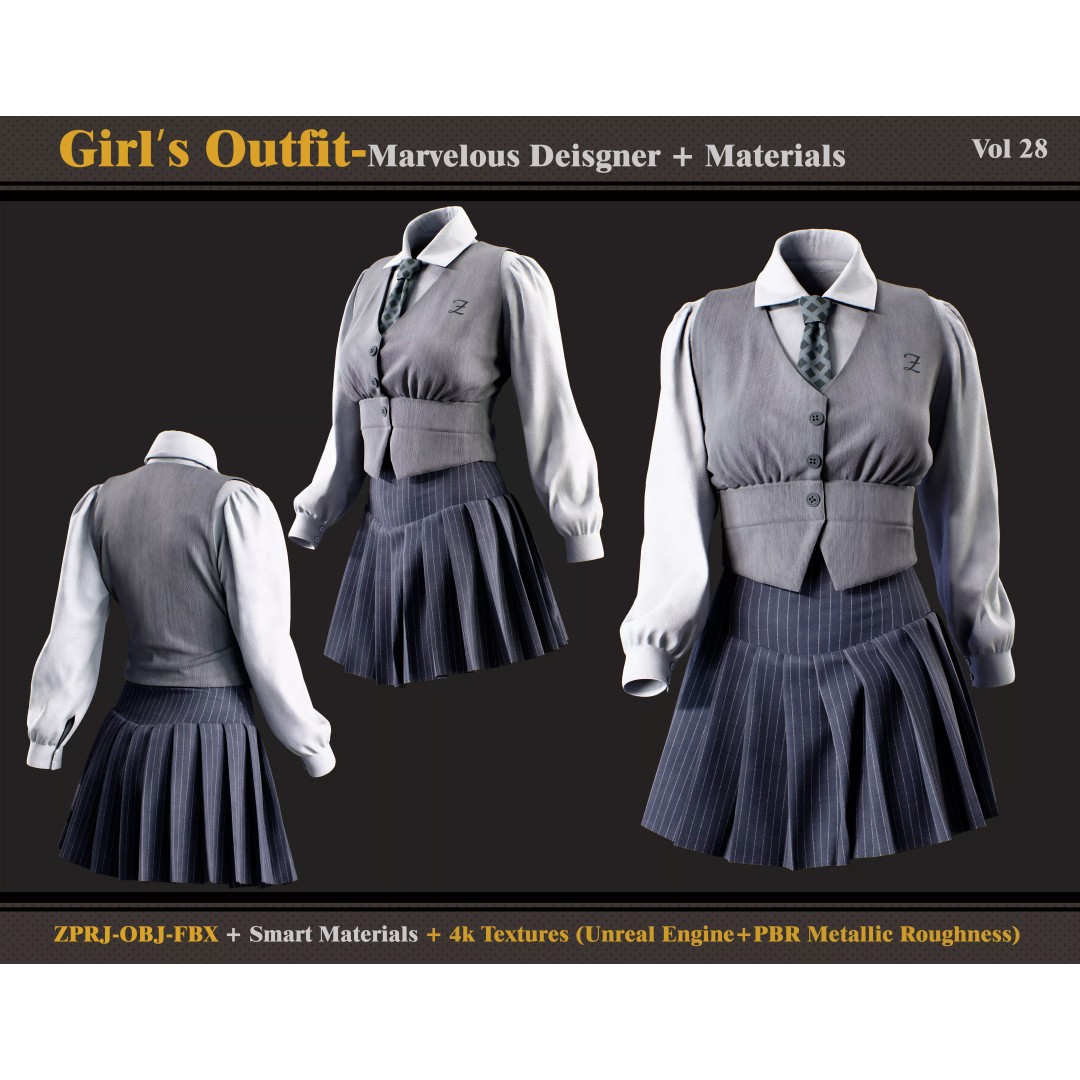 Girls Outfit 3D Model – Fashion Blouse and Skirt, FBX, OBJ - View 2