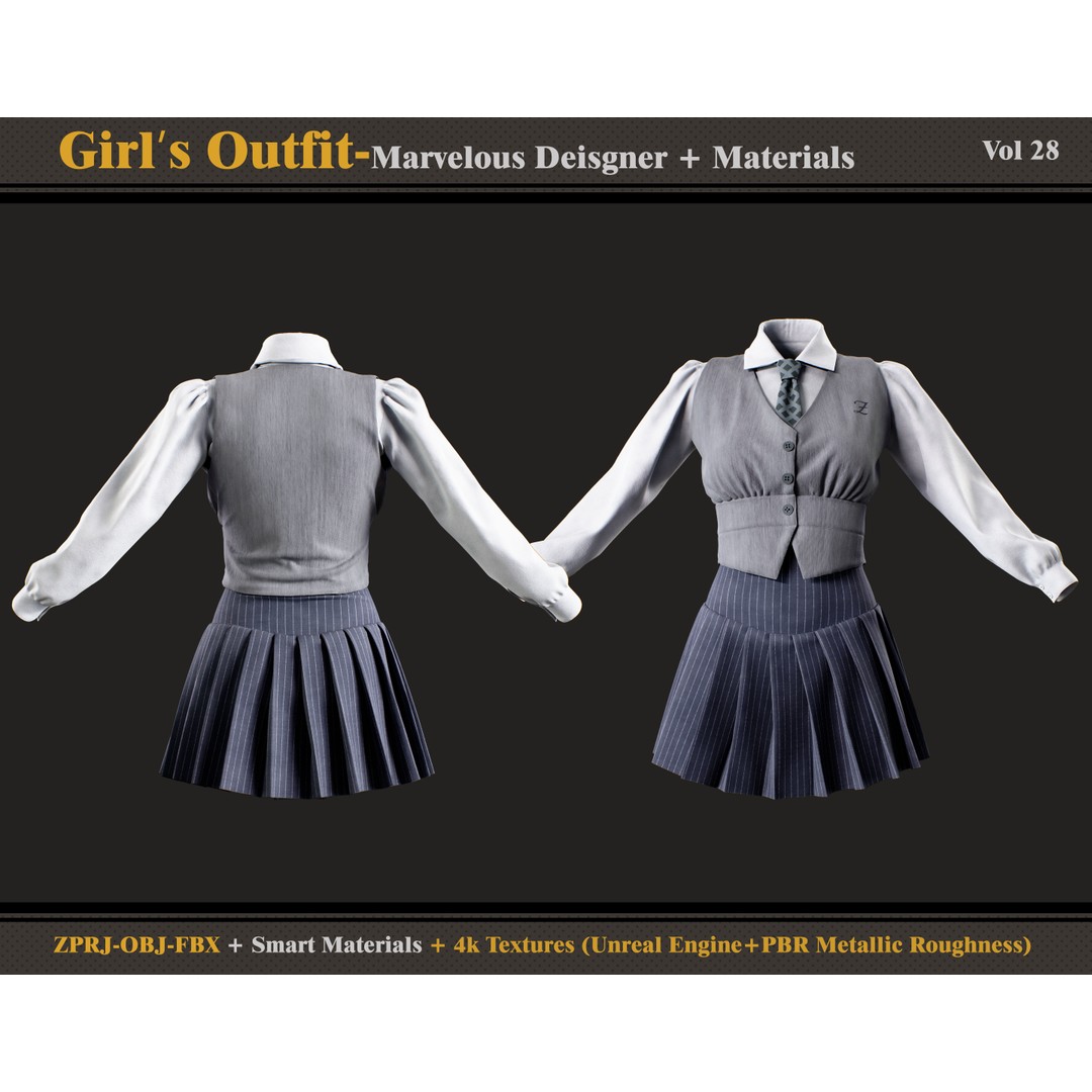 Girls Outfit 3D Model – Fashion Blouse and Skirt, FBX, OBJ - View 3