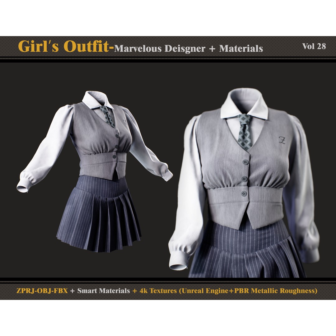 Girls Outfit 3D Model – Fashion Blouse and Skirt, FBX, OBJ - View 4