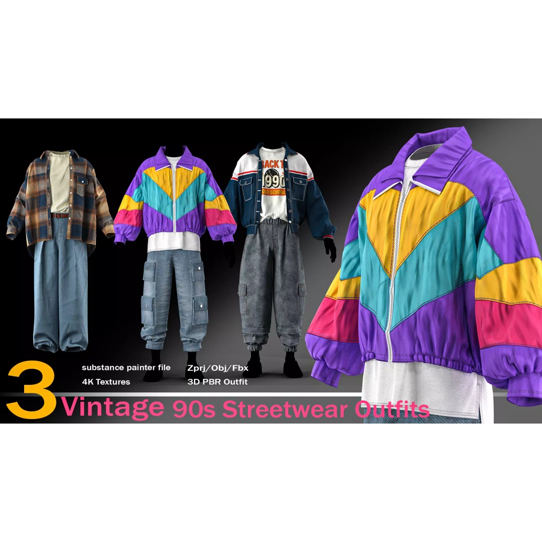 3 Vintage 90s Streetwear Outfits 3D Model – High Poly PBR Textures - View 2
