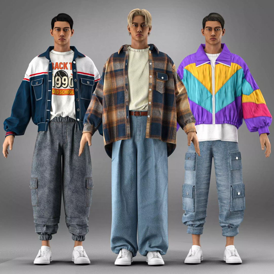 3 Vintage 90s Streetwear Outfits 3D Model – High Poly PBR Textures - View 3