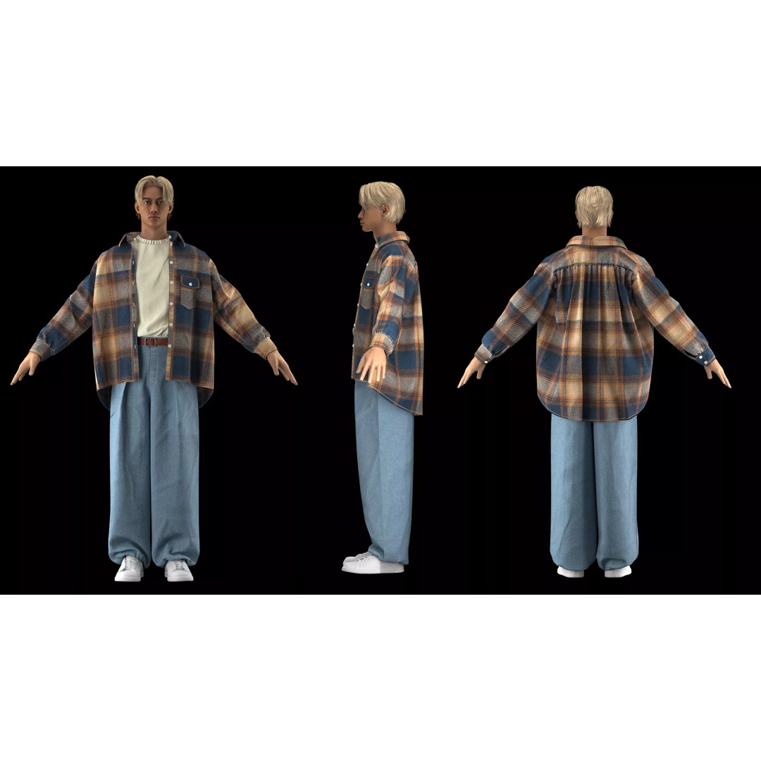 3 Vintage 90s Streetwear Outfits 3D Model – High Poly PBR Textures - View 4