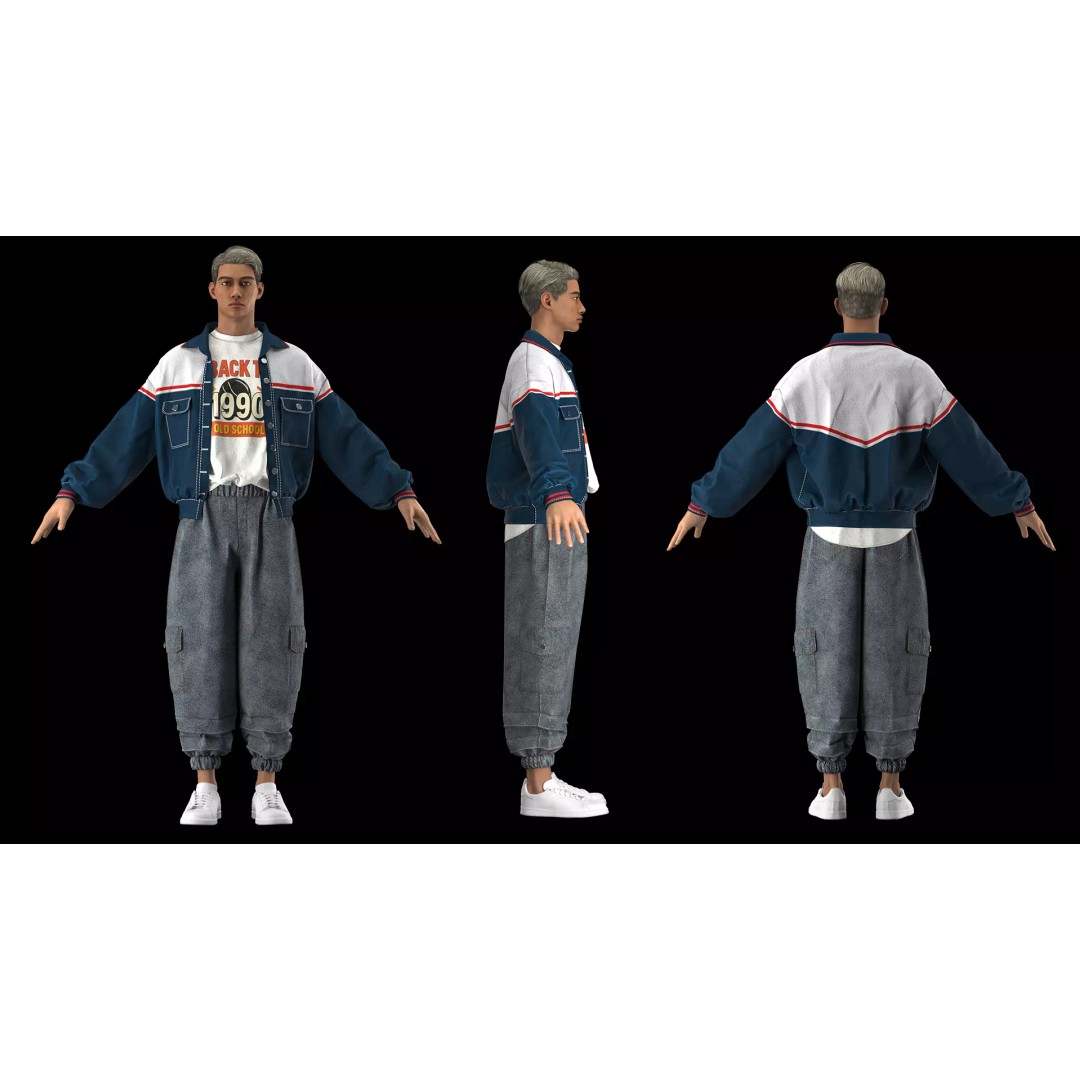 3 Vintage 90s Streetwear Outfits 3D Model – High Poly PBR Textures - View 7