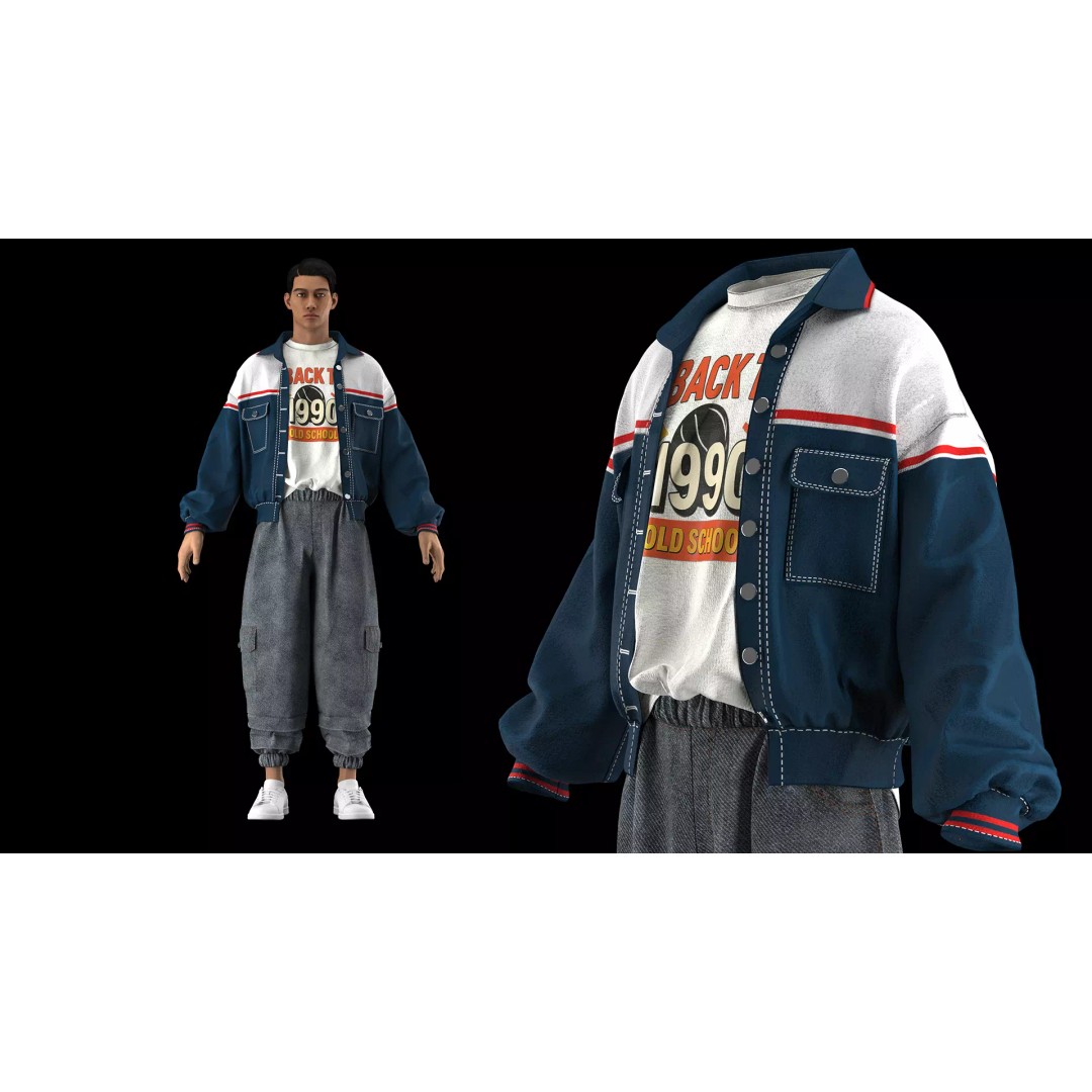 3 Vintage 90s Streetwear Outfits 3D Model – High Poly PBR Textures - View 8