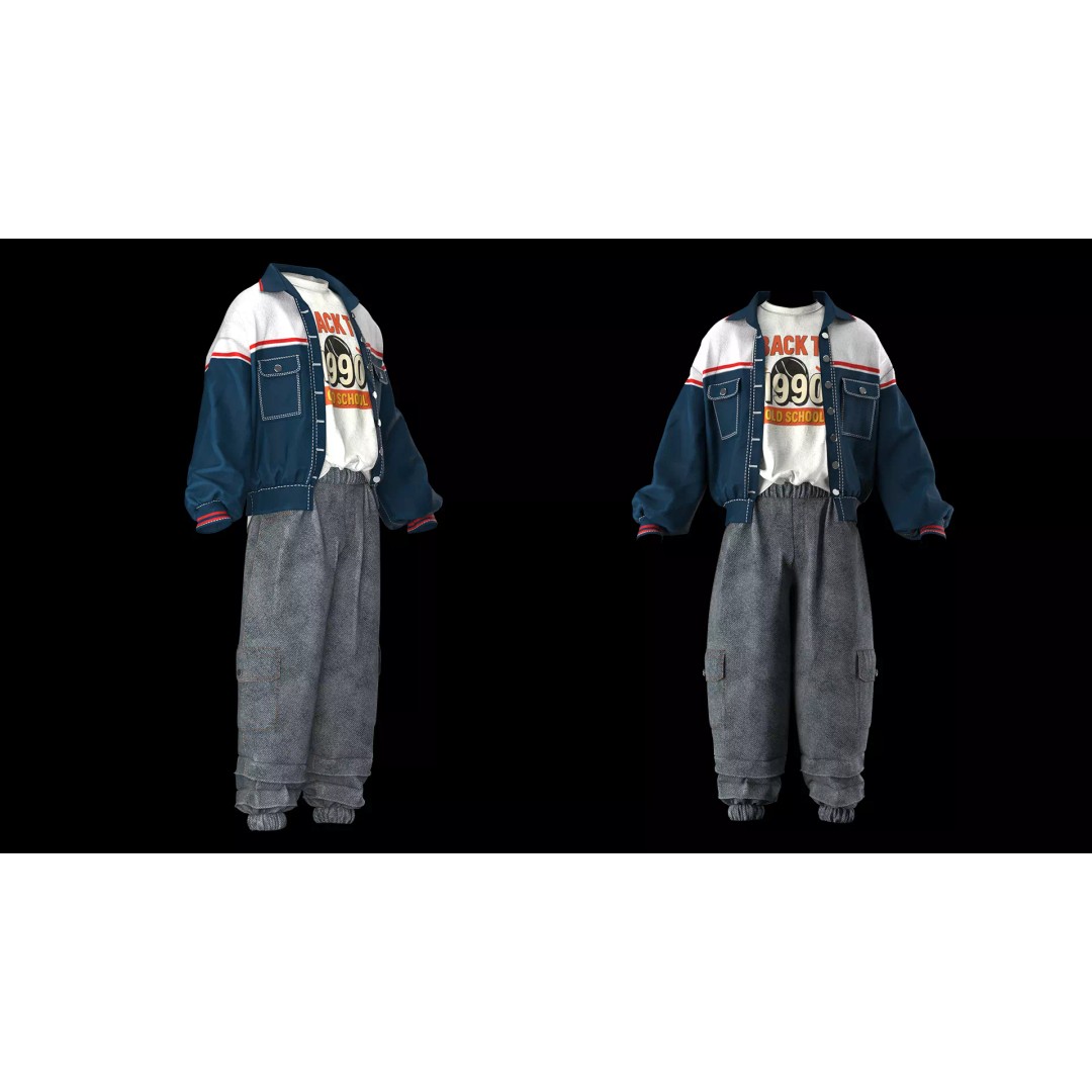 3 Vintage 90s Streetwear Outfits 3D Model – High Poly PBR Textures - View 9