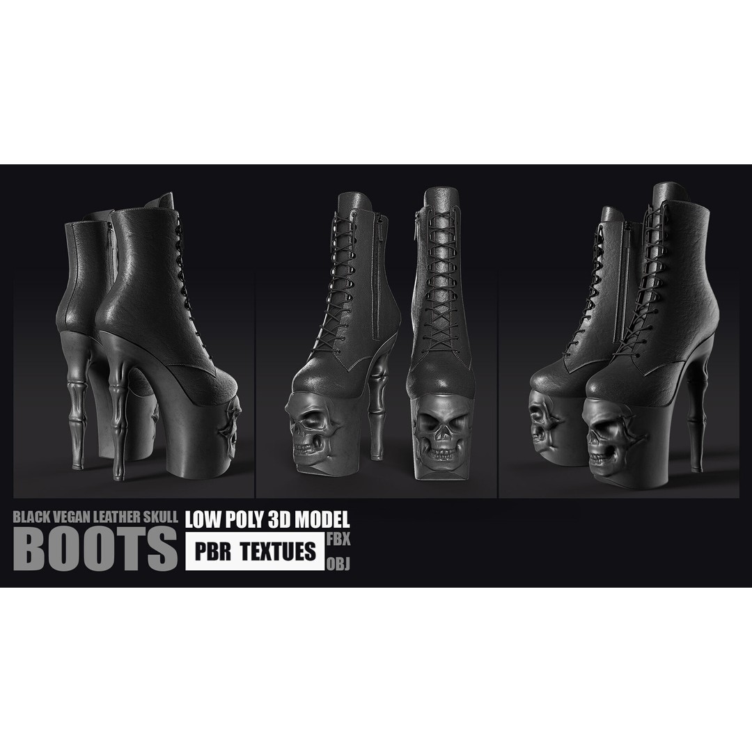 Black Vegan Leather Skull Boots 3D Model – Low Poly PBR Textures, FBX, OBJ - View 4