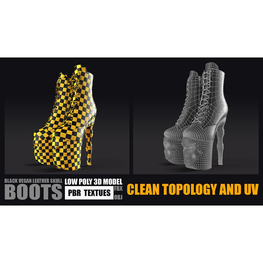 Black Vegan Leather Skull Boots 3D Model – Low Poly PBR Textures, FBX, OBJ - View 5