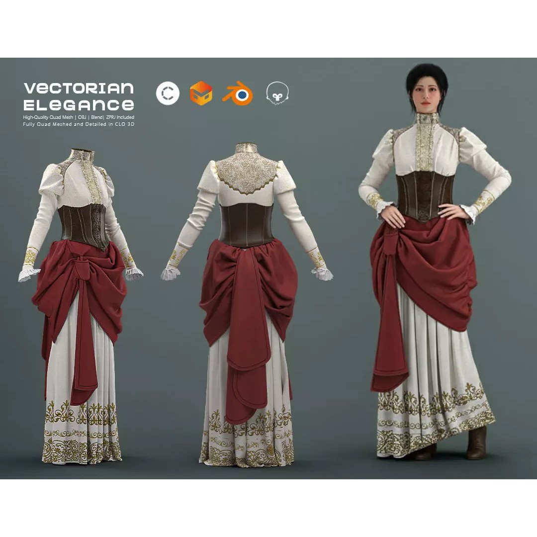 Victorian Outfit 3D Model – Detailed Clothing for Character Design, OBJ & Blend - View 2