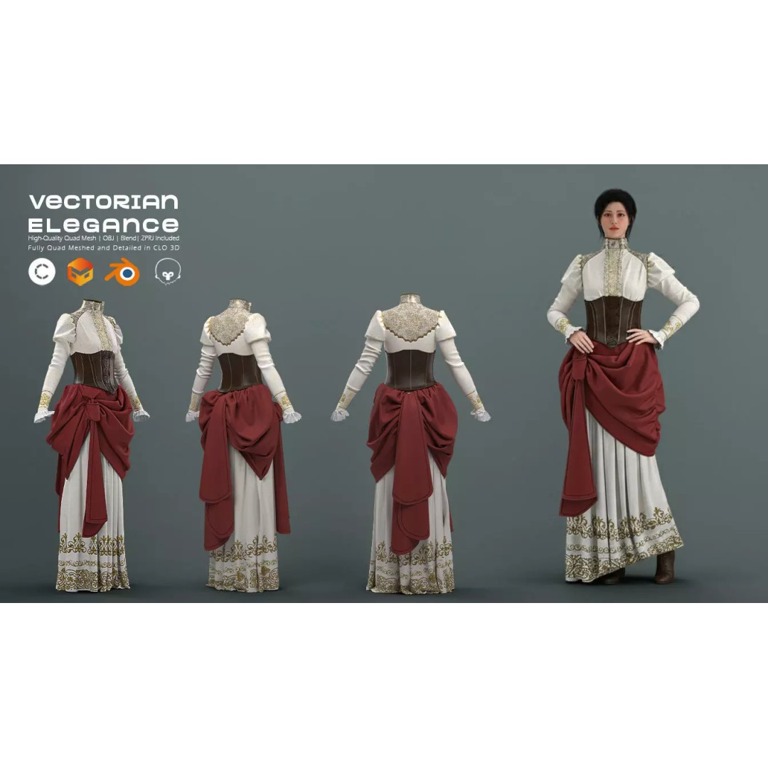 Victorian Outfit 3D Model – Detailed Clothing for Character Design, OBJ & Blend - View 3