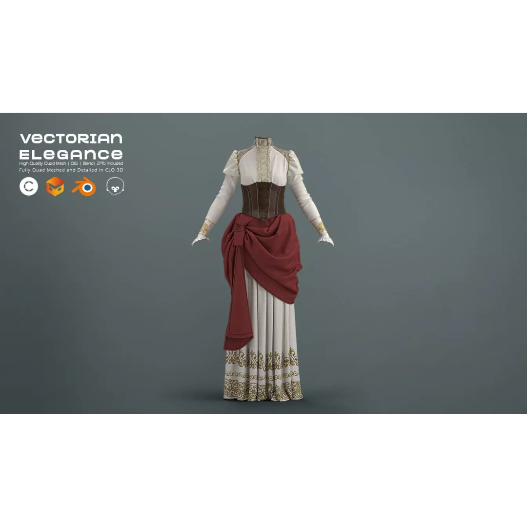 Victorian Outfit 3D Model – Detailed Clothing for Character Design, OBJ & Blend - View 4