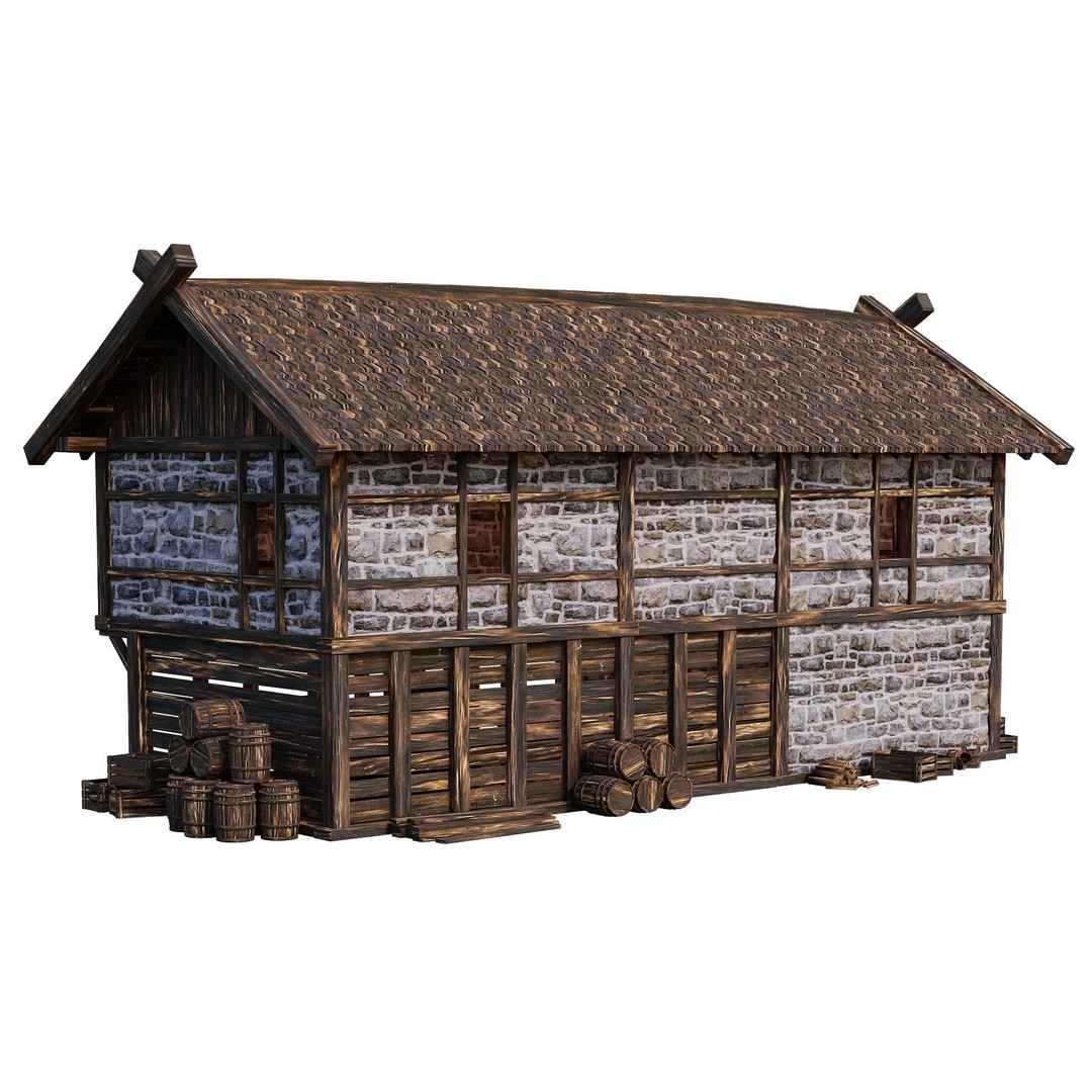 Old Medieval Building House 3D Model – Low Poly Game Ready, FBX, OBJ