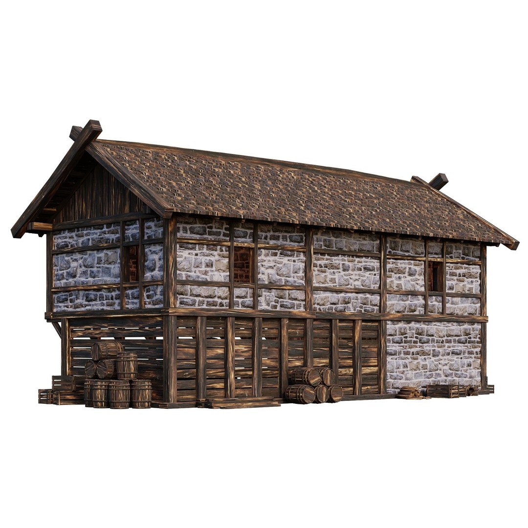 Old Medieval Building House 3D Model – Low Poly Game Ready, FBX, OBJ - View 10