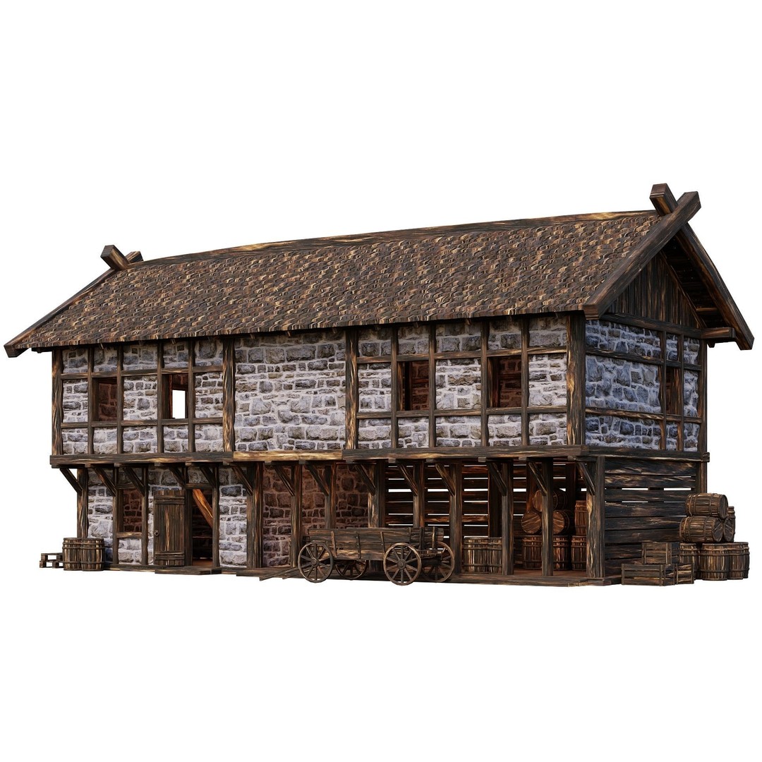 Old Medieval Building House 3D Model – Low Poly Game Ready, FBX, OBJ - View 11