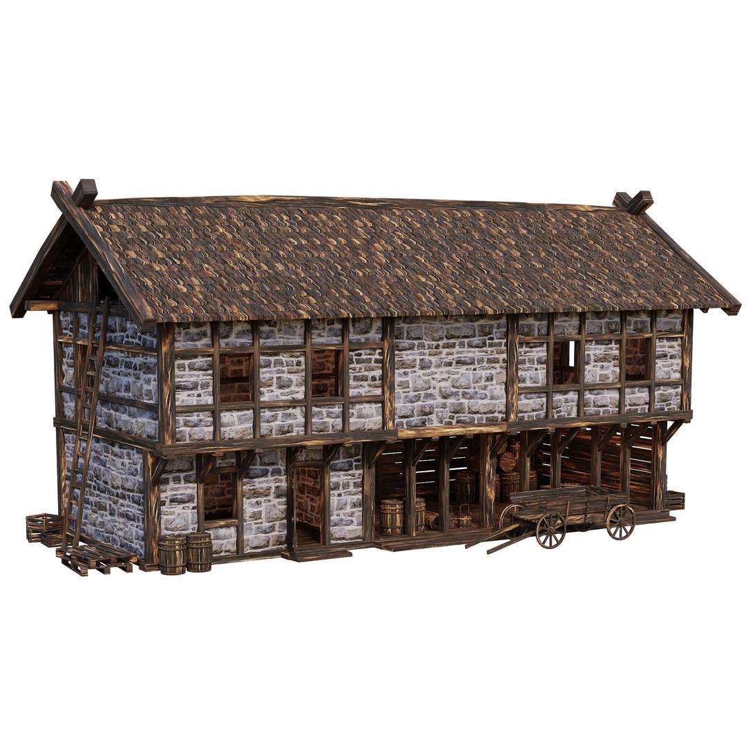 Old Medieval Building House 3D Model – Low Poly Game Ready, FBX, OBJ - View 12