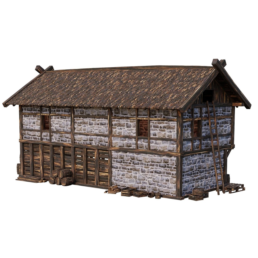 Old Medieval Building House 3D Model – Low Poly Game Ready, FBX, OBJ - View 13