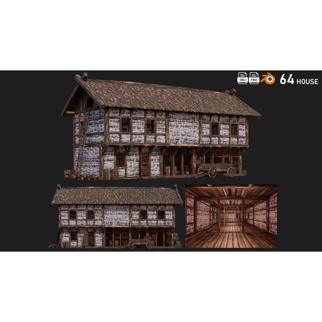Old Medieval Building House 3D Model – Low Poly Game Ready, FBX, OBJ - View 2