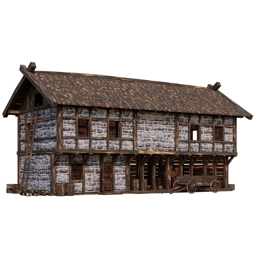 Old Medieval Building House 3D Model – Low Poly Game Ready, FBX, OBJ - View 3
