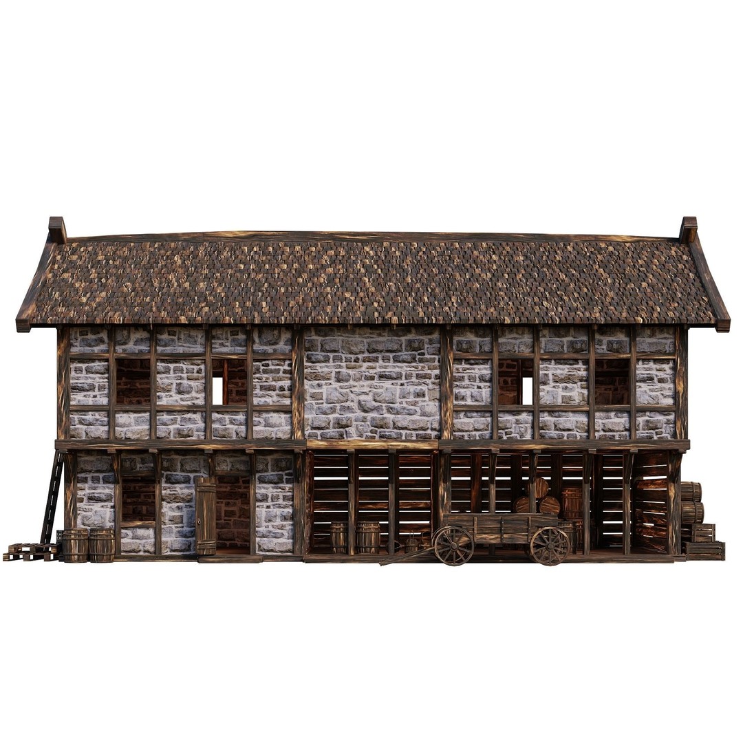 Old Medieval Building House 3D Model – Low Poly Game Ready, FBX, OBJ - View 4