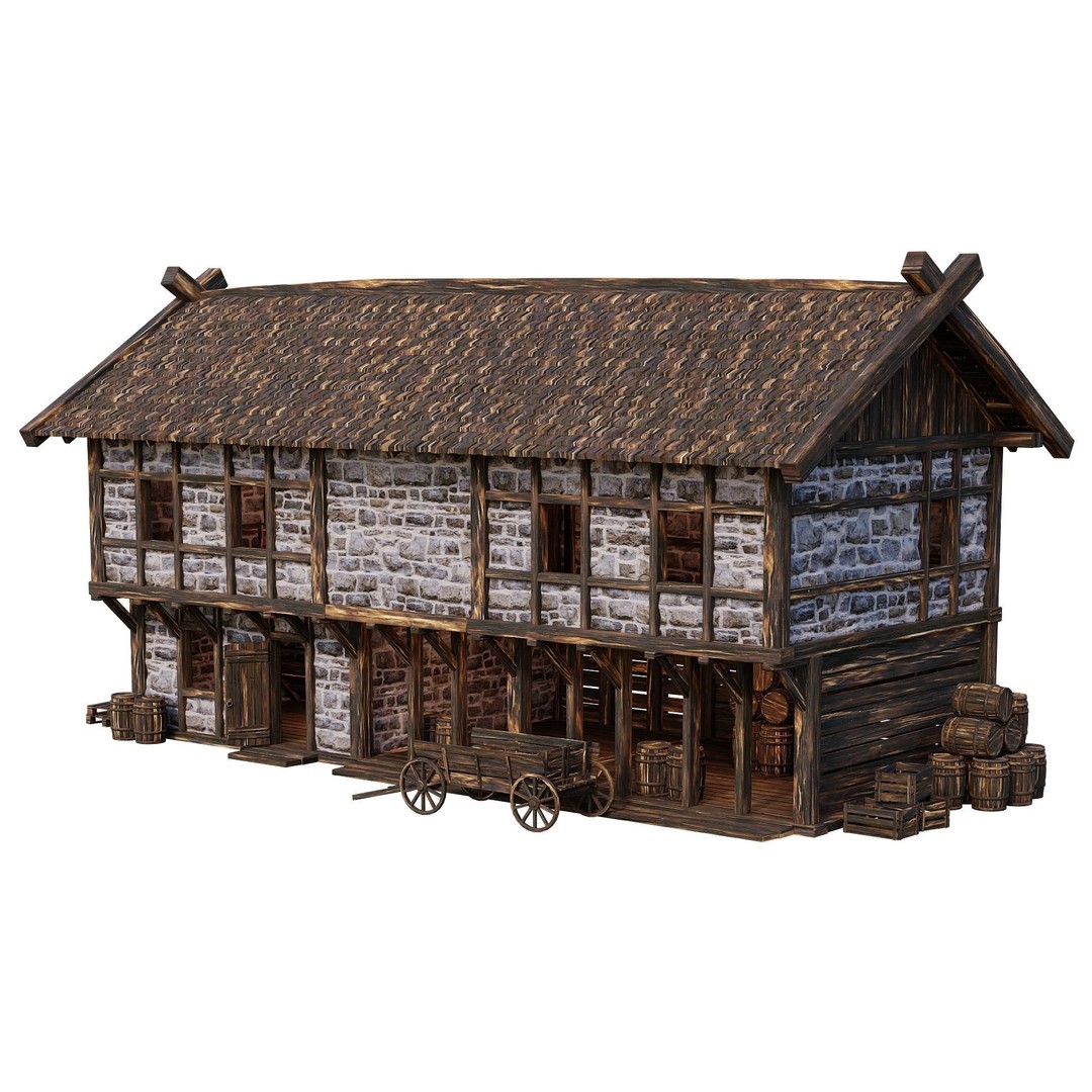 Old Medieval Building House 3D Model – Low Poly Game Ready, FBX, OBJ - View 5