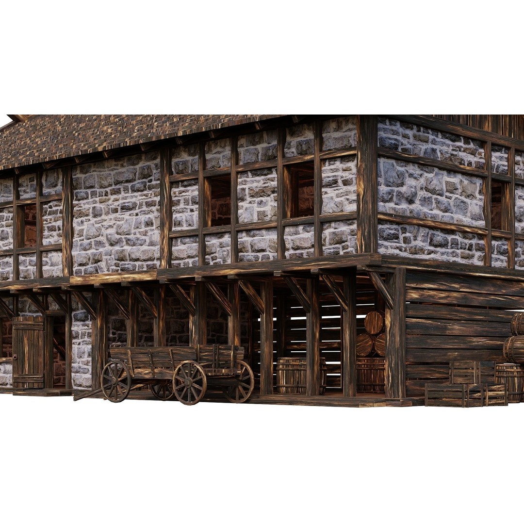 Old Medieval Building House 3D Model – Low Poly Game Ready, FBX, OBJ - View 6