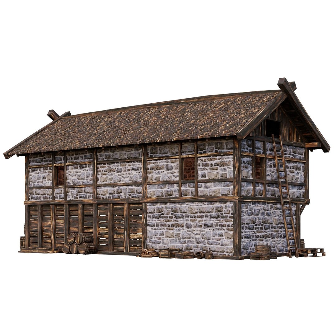 Old Medieval Building House 3D Model – Low Poly Game Ready, FBX, OBJ - View 9
