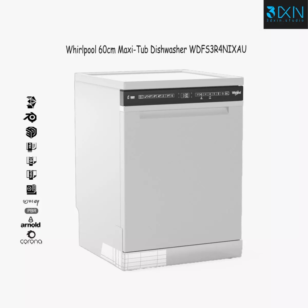 Whirlpool 60cm Maxi-Tub Dishwasher 3D Model – PBR Textured, Game-Ready - View 2