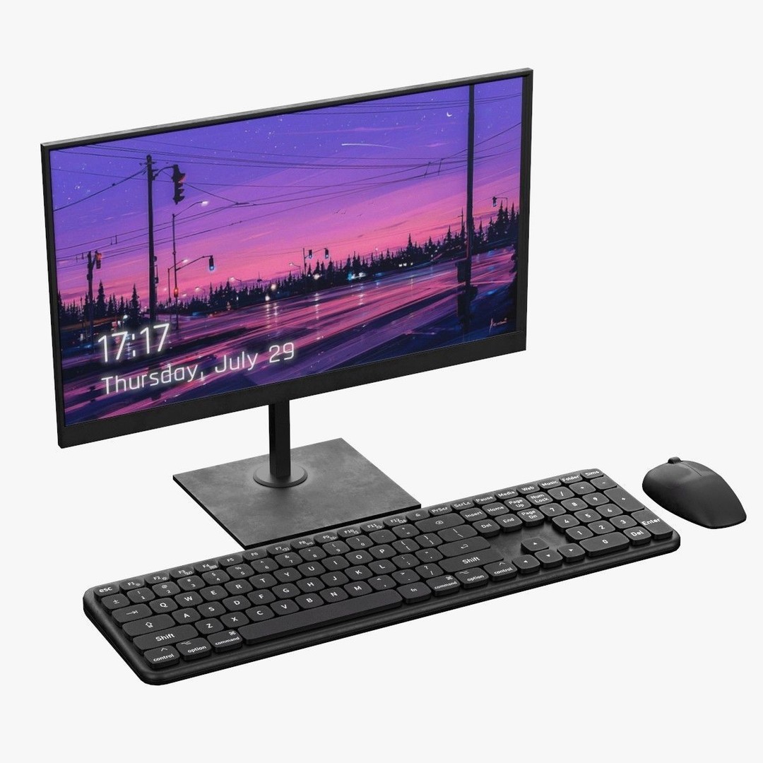 Wireless Computer Set 3D Model – Modern Keyboard, Mouse & Monitor, PBR