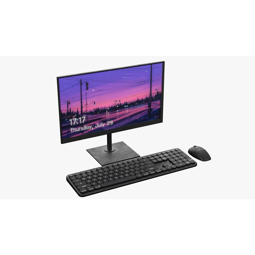 Wireless Computer Set 3D Model – Modern Keyboard, Mouse & Monitor, PBR - View 3
