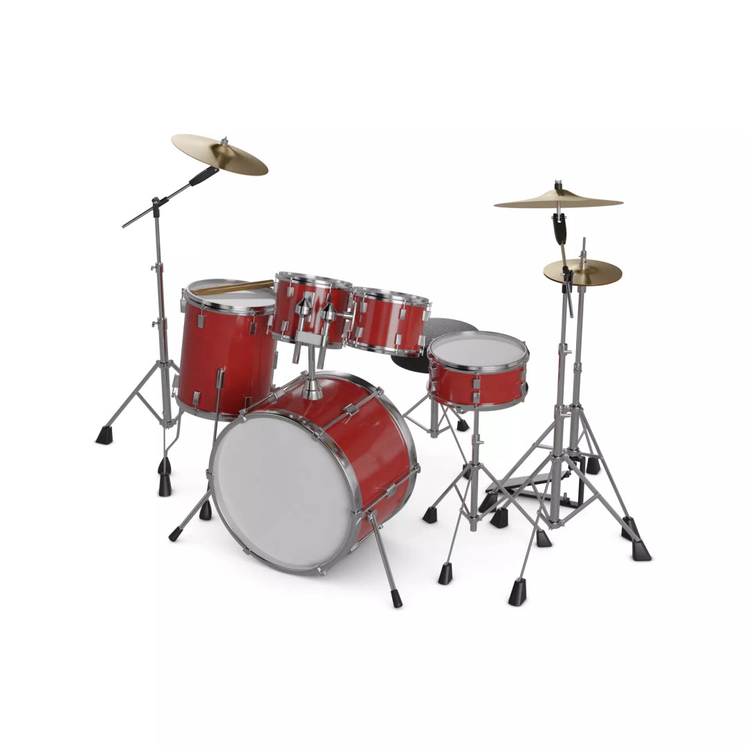 Red Drum Set 3D Model – Low Poly PBR Asset, FBX - View 2