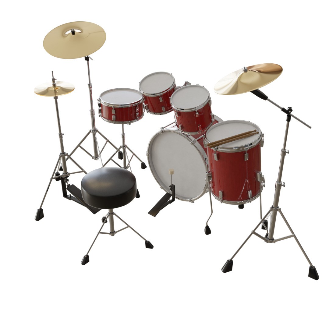 Red Drum Set 3D Model – Low Poly PBR Asset, FBX - View 4