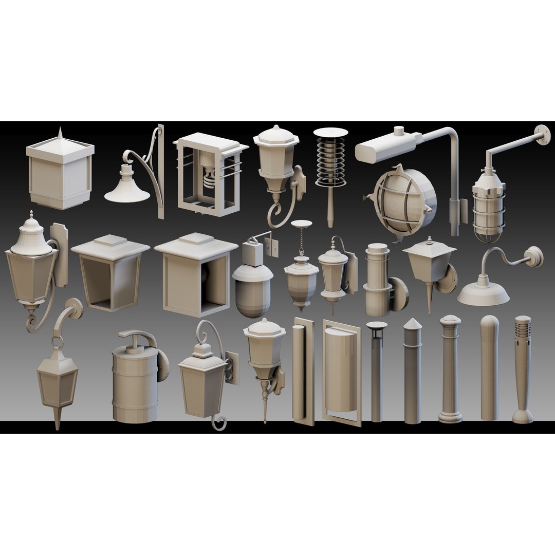 Urban Lighting Props 3D Model – High Detail Low Poly Kitbash, FBX, OBJ