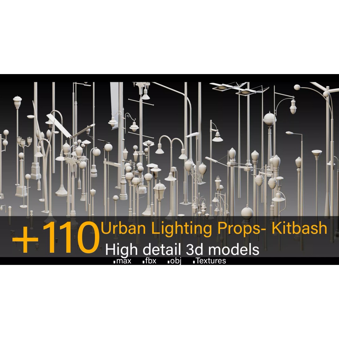 Urban Lighting Props 3D Model – High Detail Low Poly Kitbash, FBX, OBJ - View 2