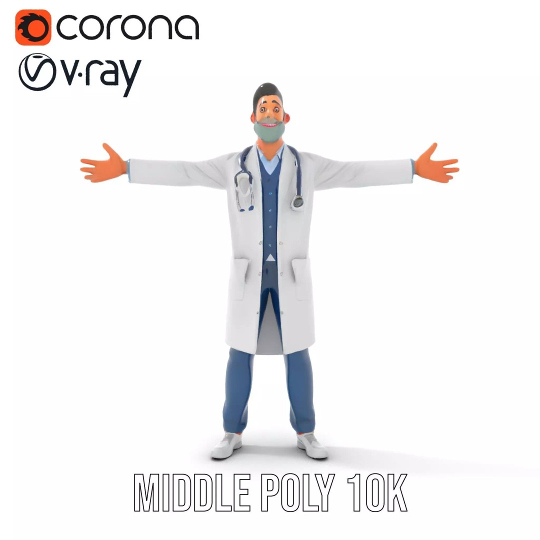 Friendly Doctor 3D Model – Low Poly Character with Stethoscope, FBX - View 19