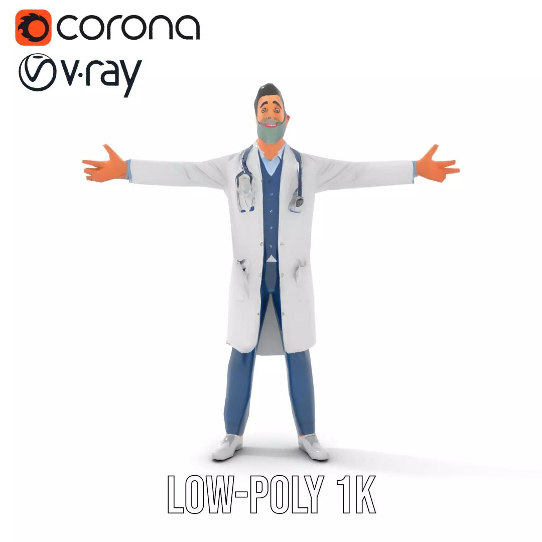 Friendly Doctor 3D Model – Low Poly Character with Stethoscope, FBX - View 20
