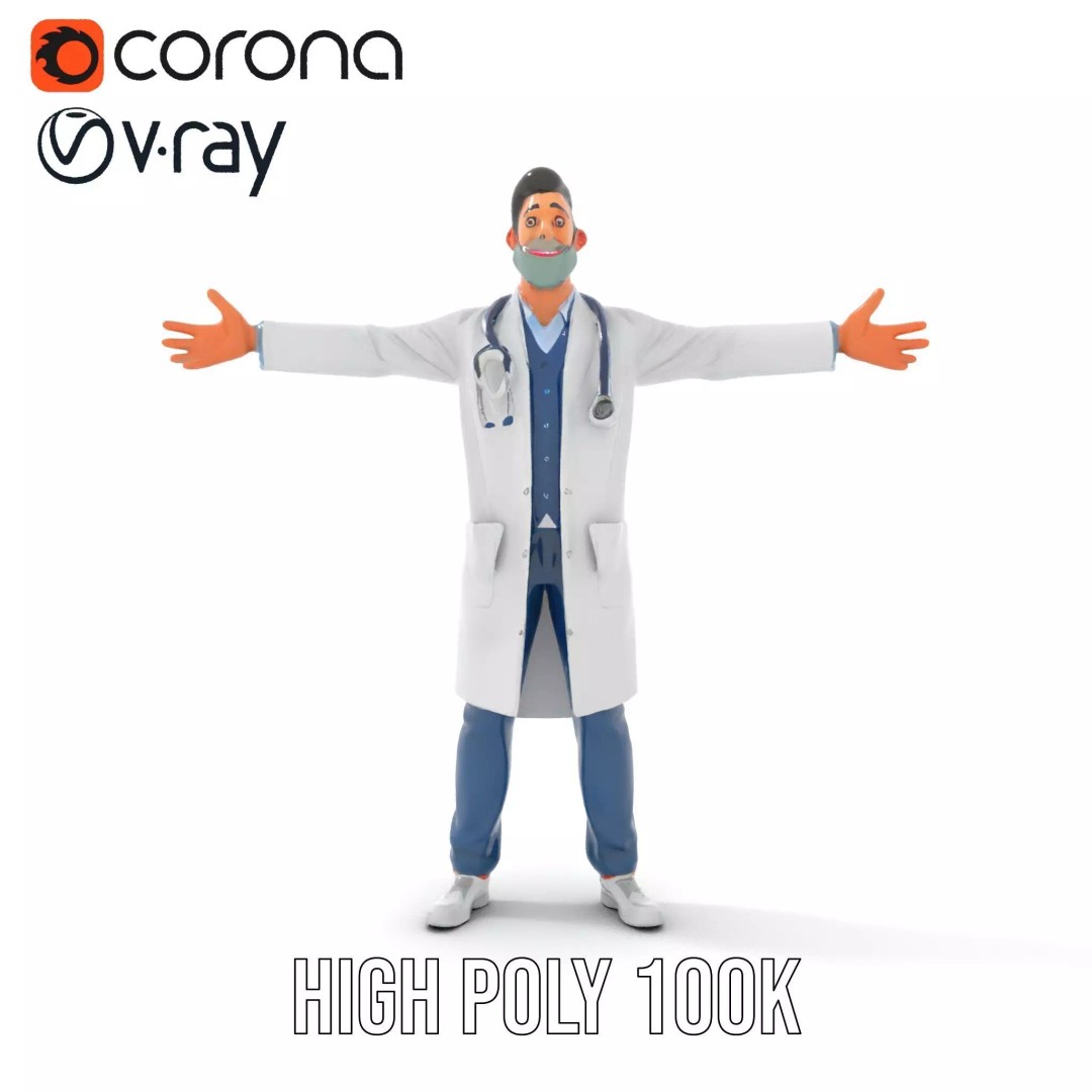 Friendly Doctor 3D Model – Low Poly Character with Stethoscope, FBX - View 21