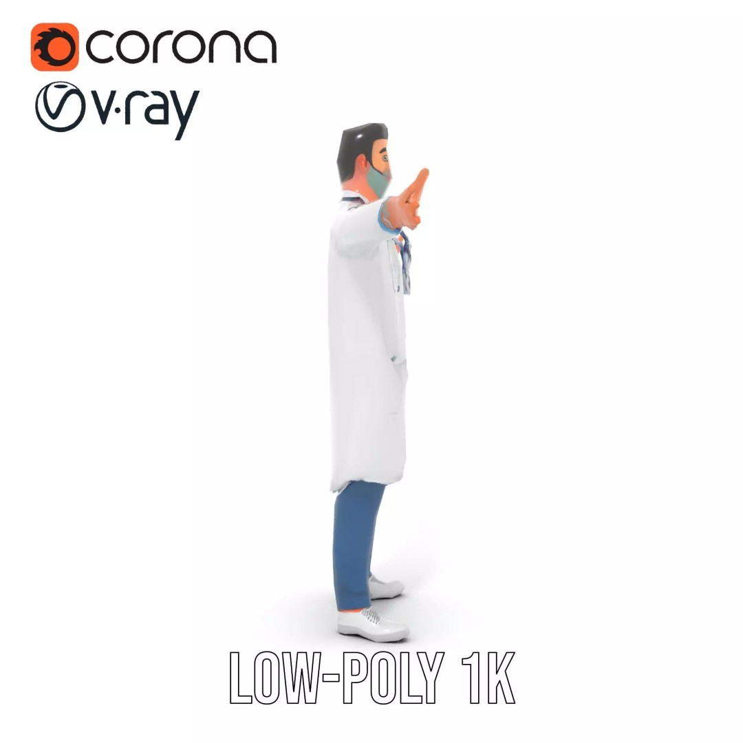 Friendly Doctor 3D Model – Low Poly Character with Stethoscope, FBX - View 23