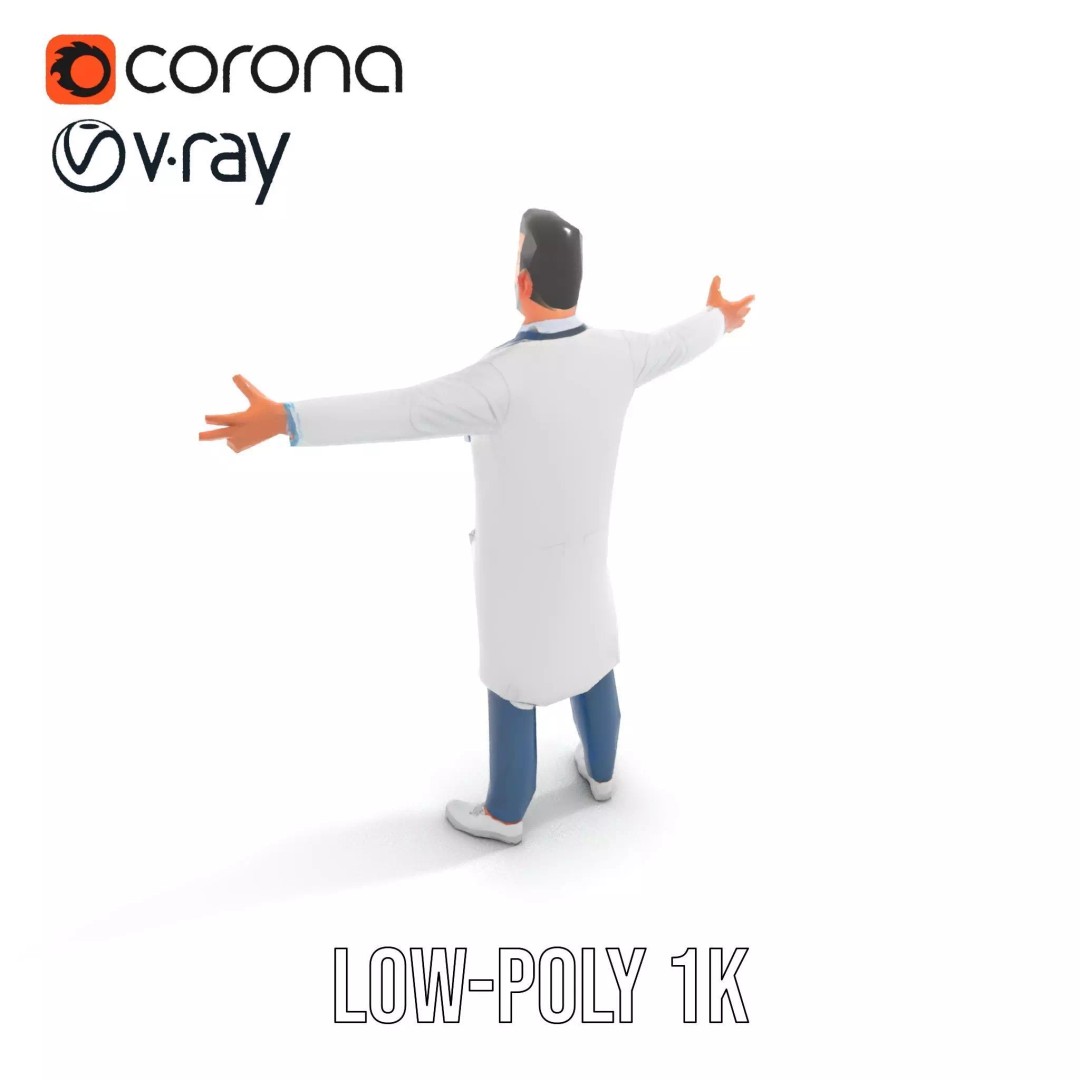 Friendly Doctor 3D Model – Low Poly Character with Stethoscope, FBX - View 8