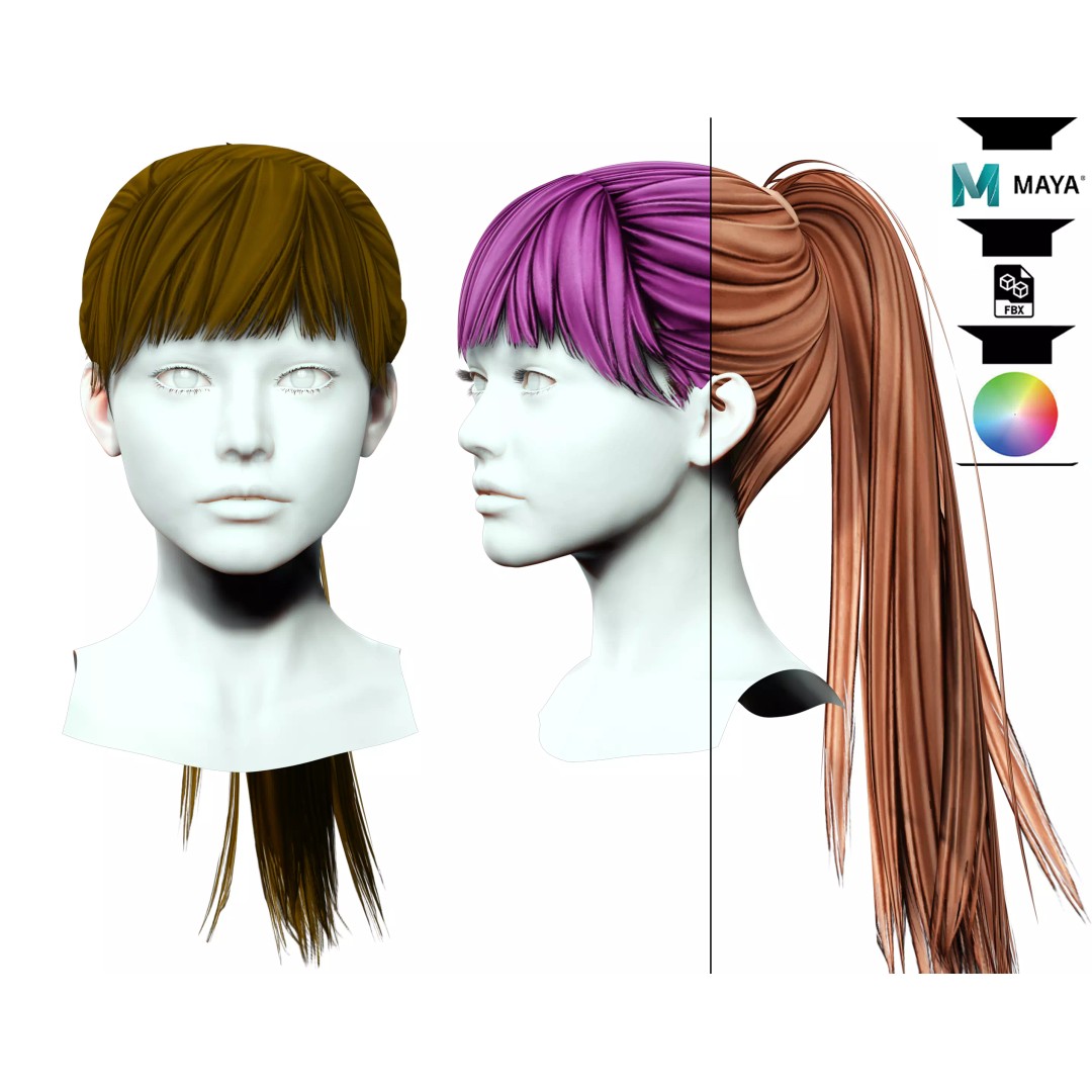 Female Hair 3D Model – Low Poly High Ponytail, PBR Textures, FBX - View 2