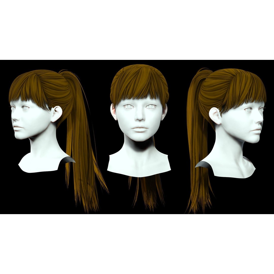 Female Hair 3D Model – Low Poly High Ponytail, PBR Textures, FBX - View 3