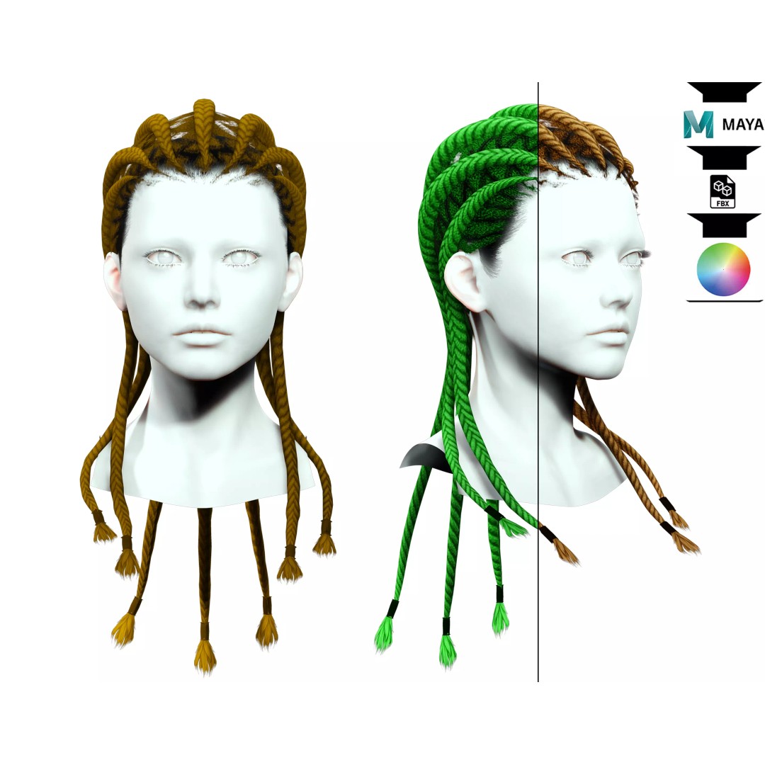 Dread Braided Hair 3D Model – Low Poly Game Asset, Customizable - View 2